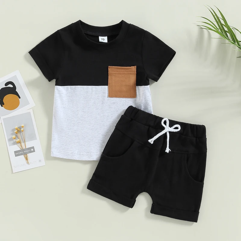 2023-02-01 Lioraitiin new 0-3Years Toddler Boys 2Pcs Summer Outfit 2025 Sets Short Sleeve Contrast Color Tops Solid Drawstring Shorts