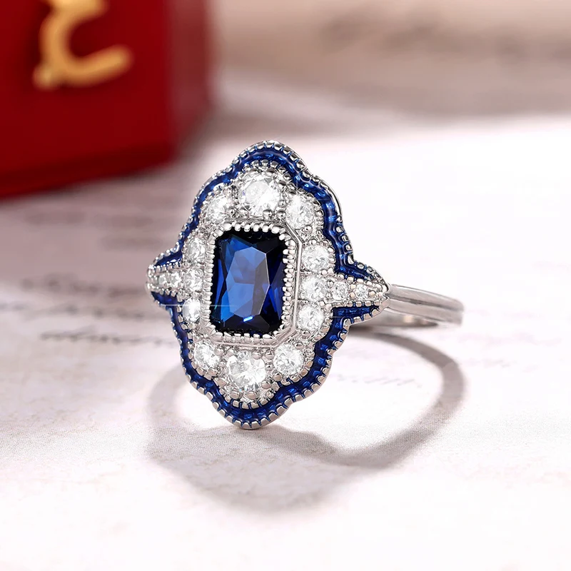 Huitan Retro Blue Rings Women Anniversary Evening Party Dazzling Cubic Zirconia Silver Color Elegant Lady's Ring Vintage Jewelry