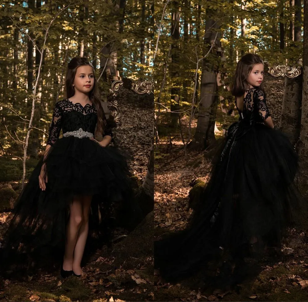 Black Long Sleeve Flower Girl Dresses For Wedding Crystal new Sash Beaded Lace Appliques Pageant Gowns For 2025 Girls Kids Gowns