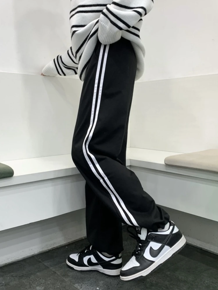 HOUZHOU Casual Sweatpants Women Korean Style Classic Sports Pants Oversize Summer Joggers Baggy Gray Black Striped Wide Trousers