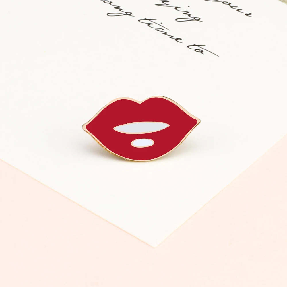 Women Sexy Red Lips Enamel Pin Personality Vampire Fangs Lip Brooch Black Shiny new 2025 Mouths Biting Tongue out Red Blood Badge Jewelry