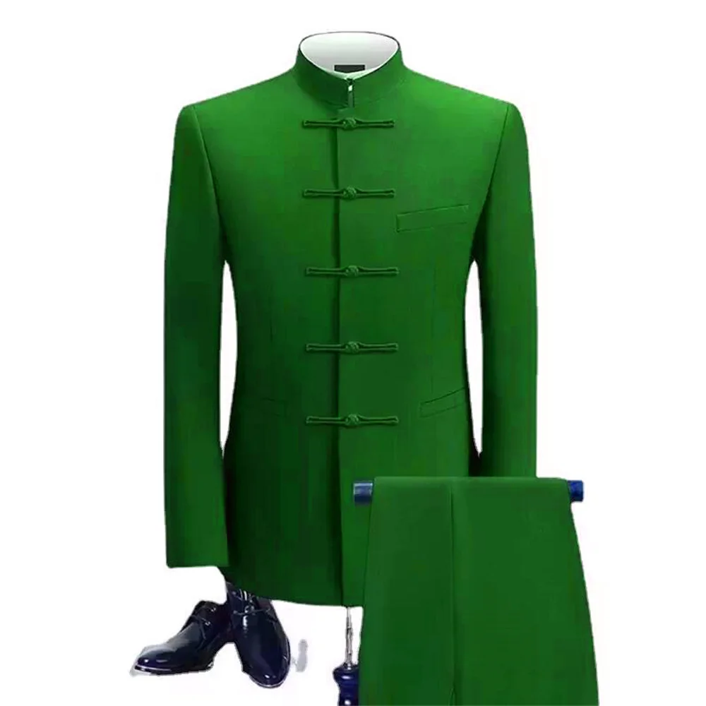2 Pieces Men's Zhongshan Collar Chinese Tunic new Suit Formal Suits 2025 Single Breasted Groomsmen Wedding Tailored Fit (Blazer+Pants)