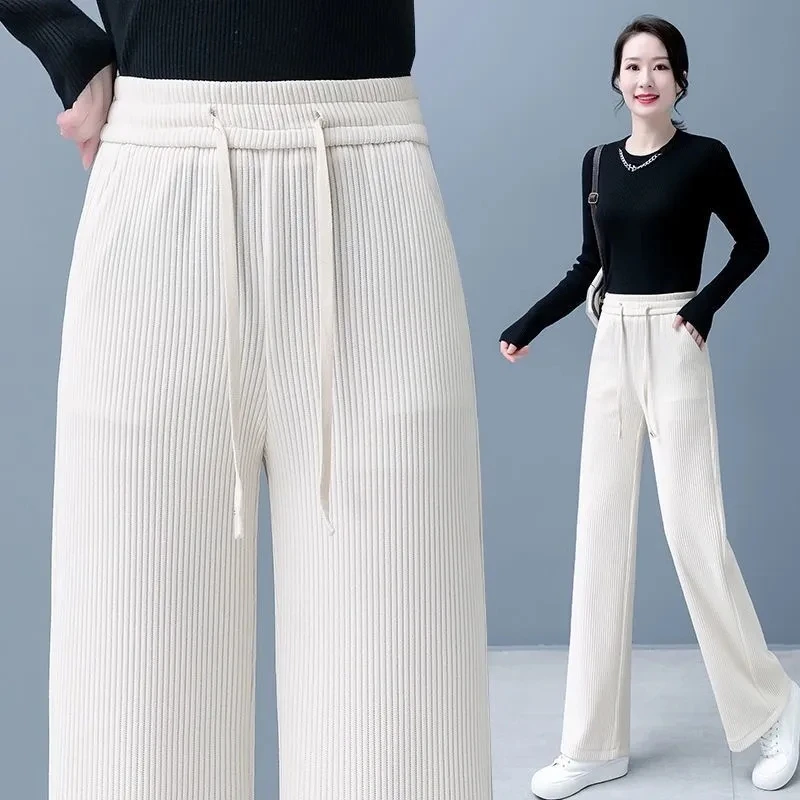 Basic Lace 2025 Up Baggy Pantalones Mom Spring Autumn Solid Color High Waist Straight new Trousers Casual Corduroy Wide Leg Pants Women
