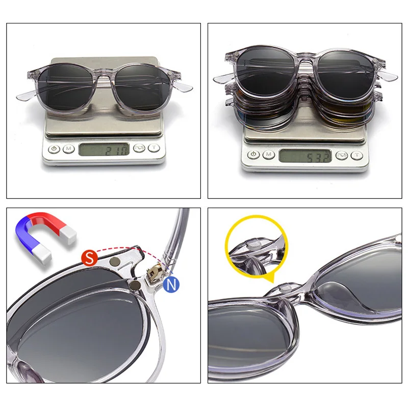 2 IN 1 And 6 IN 1 Magnetic Polarized Sunglasses Soft Transparent Color Frame Clear Lens Sun Glasses Classic Vintage Sunshades