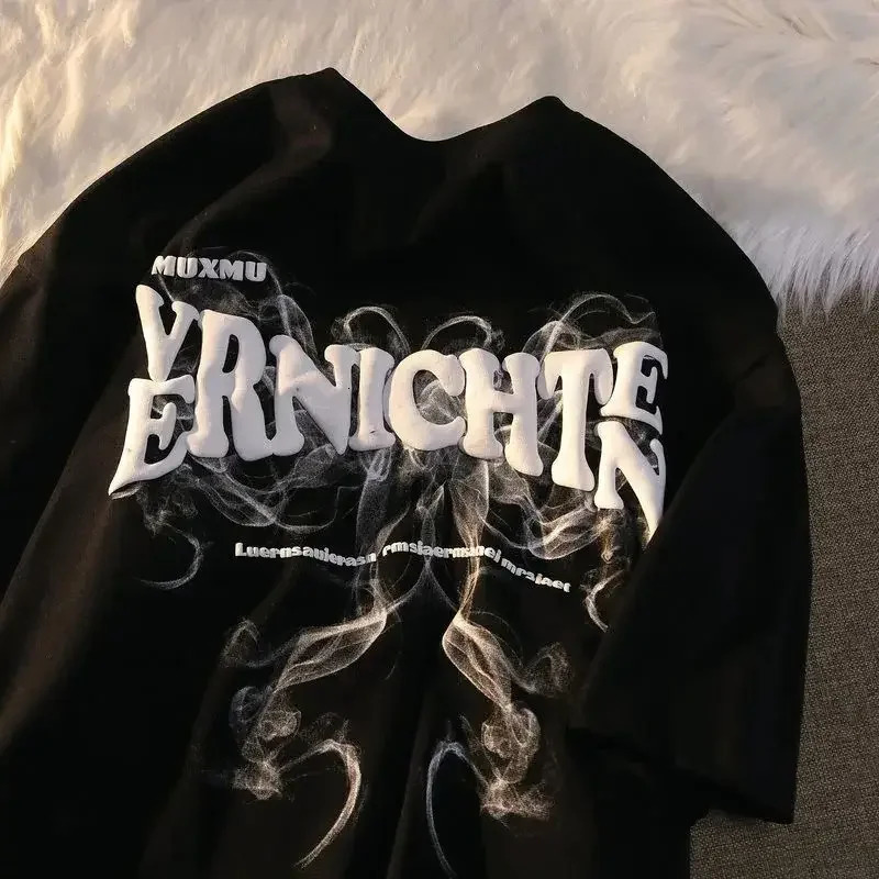 American retro large size short sleeved t-shirt men retro smoke print loose wild ins trend couple summer tops men clothing y2k 240321