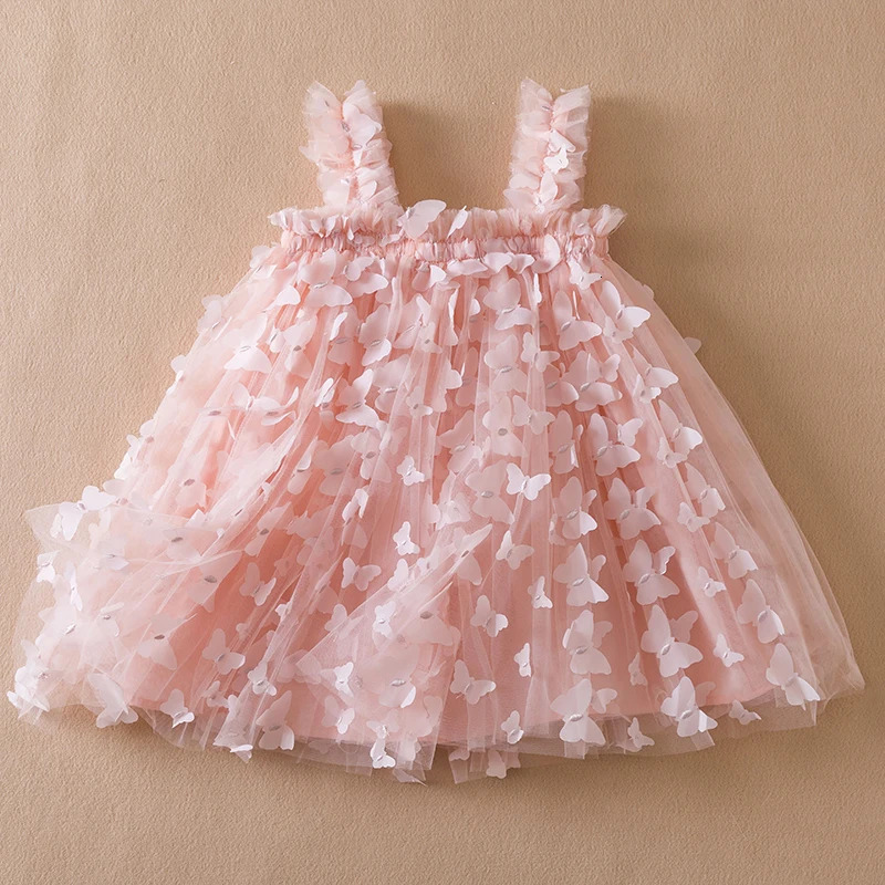 Summer Baby Girls Dress 3D Butterfly Tulle Tutu Princess Birthday Party Strap for 15Y Toddler Kids Clothes 240325