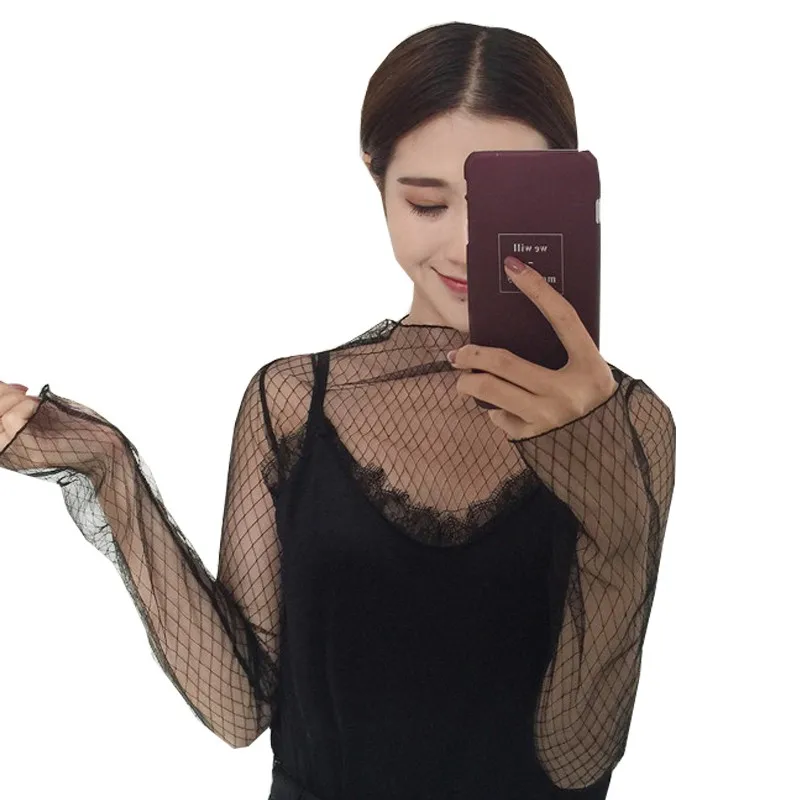 Women Mesh Long Sleeve Tops Hot Sexy new Transparent High Neck Black Lace Bottoming Shirts Punk Chic T 2025 Shirt Women