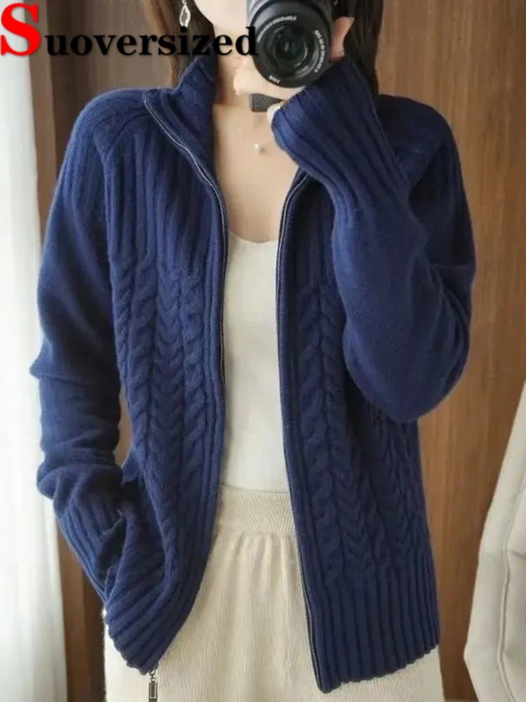 Loose Oversize 75kg Knitwears Cardigan Elegant Casual Woman Knitted Long Sleeve Sweater Winter Fall New Soft Zipper Knit Coat