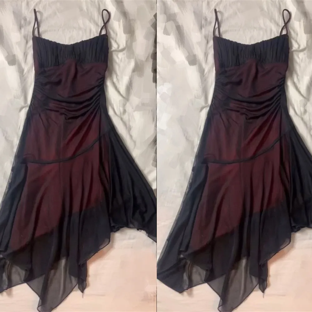 Vintage Black Red Cocktail Dresses Vintage 90s Short Prom Gowns Spaghetti Straps Asymmetric Skirt Maxi Midi Y2K Night Party Wear