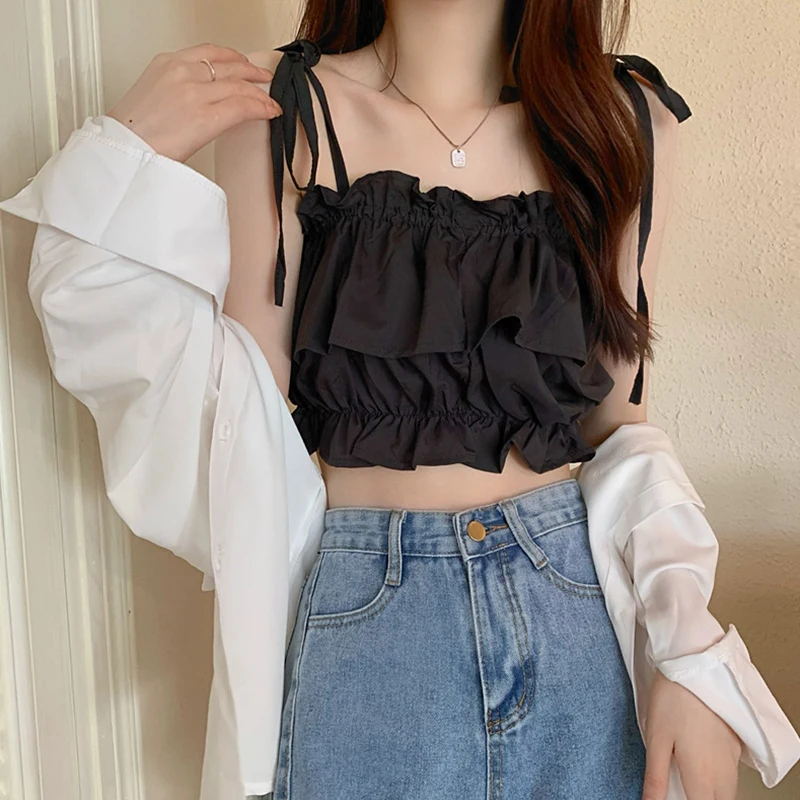 Women Summer Crop Camisoles Low-Cut 2025 Sling new Plain Ruffle Ruched Short Tops, Ladies Shoulder Straps Tie Slim Navel Vest