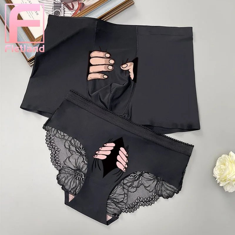 Couple Underwear Sexy Lace Men's Boxer Women Panties Low Waist Printed Bow Ice Silk Lingerie Underpants for Boyfriend Girlfriend