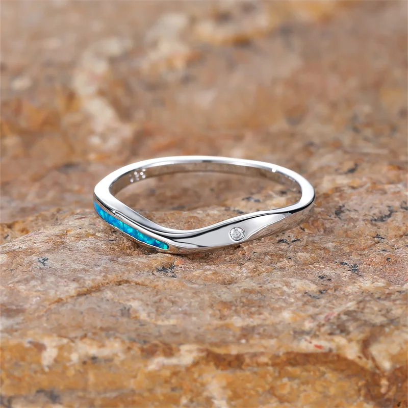 Luxury Crystal Small Round Stone Ring White Blue Opal Engagement Thin Rings For Women Rose Gold Silver Color Wedding Bands Gifts