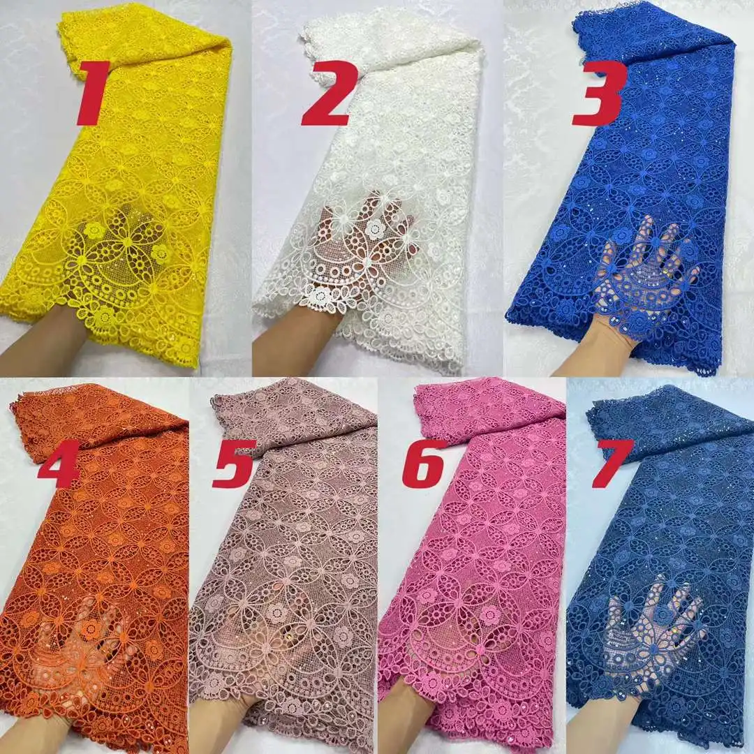 White Guipure Cord Lace Fabric 2023 High Quality With Sequins African Guipure Cord Lace 2025 For Sewing new Evening Party Dresses