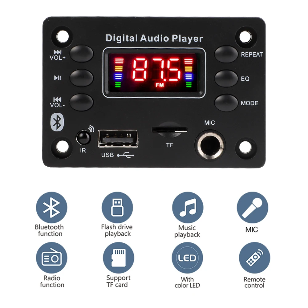 2*25W 50W Amplifier 12V Handsfree Bluetooth MP3 Decoder Board DIY Audio Home Digital Microphone USB TF FM Radio For Car Speaker