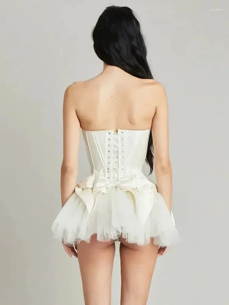 Casual Dresses DEIVE TEGER 2024 Summer Women'S A-Line Sheer Sexy Strapless Tight Mini Ball Dress With Backless Bow Formal Event Party