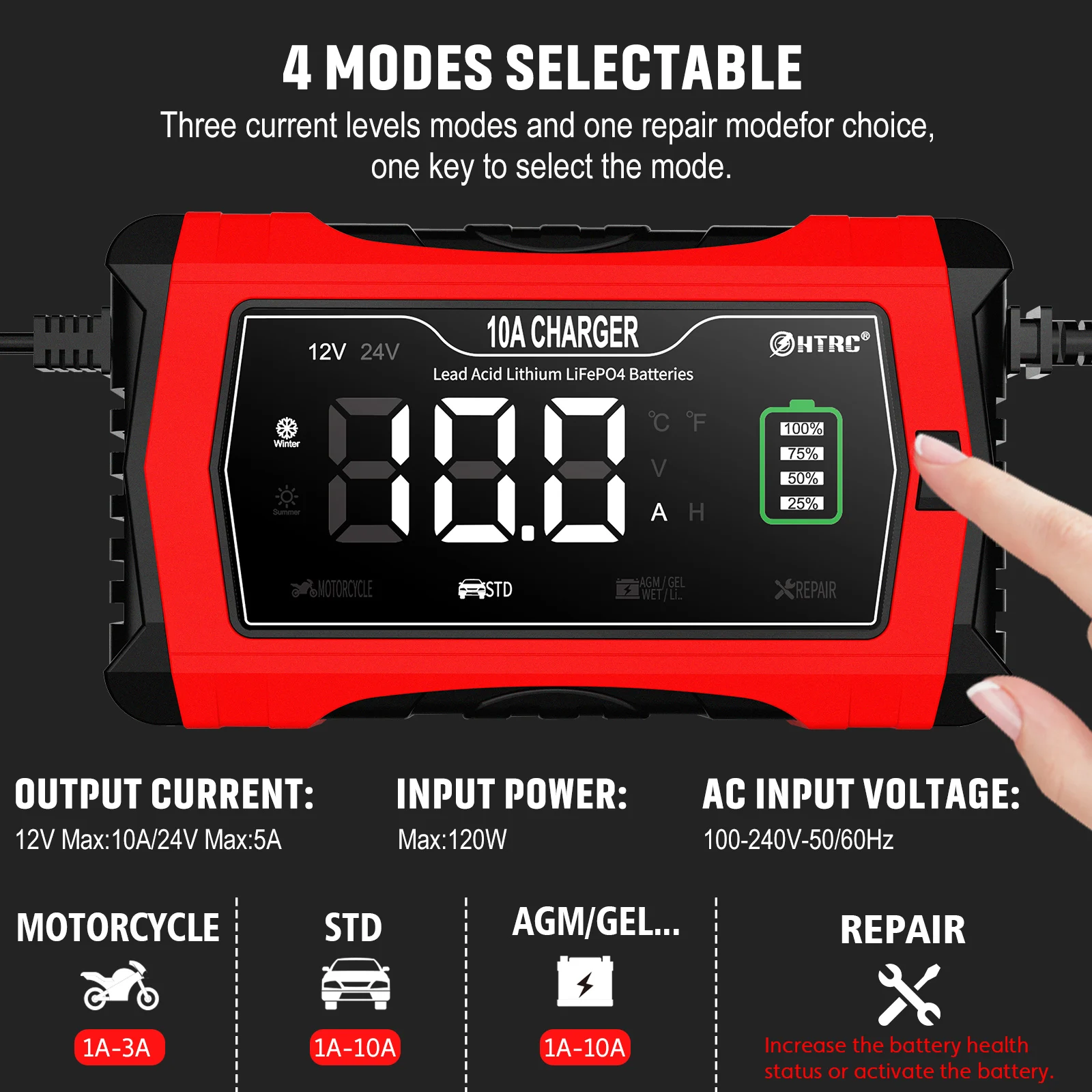 HTRC 12V 24V 10A Automatic Charging For Lithium LiFePO4 AGM GEL Lead-Acid Battery Motorcycle Charger 7-Stage Car Battery Charger