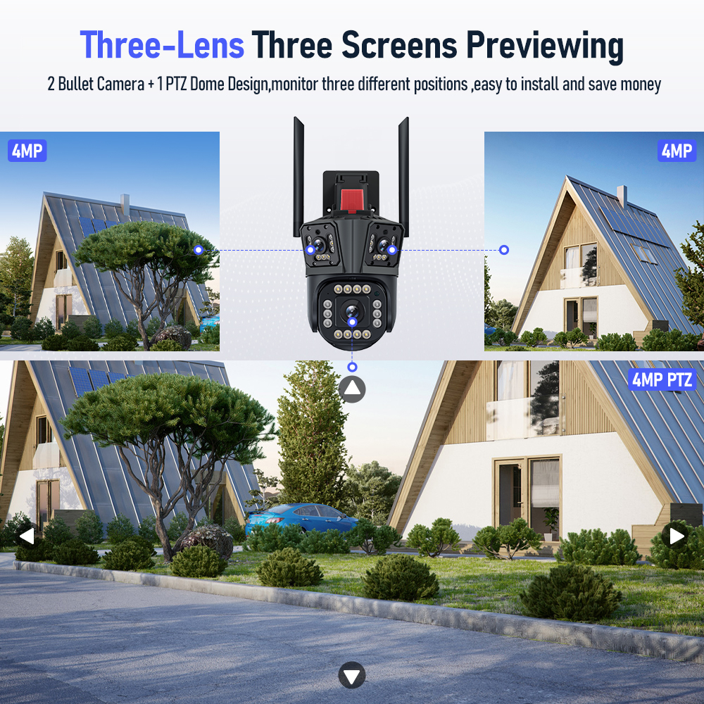 Camcamp 5K Smart Wifi IP Camera PTZ Outdoor Three Lens Screen Preview 10X Zoom 6K CCTV Video Surveillance Camera 360° Protection