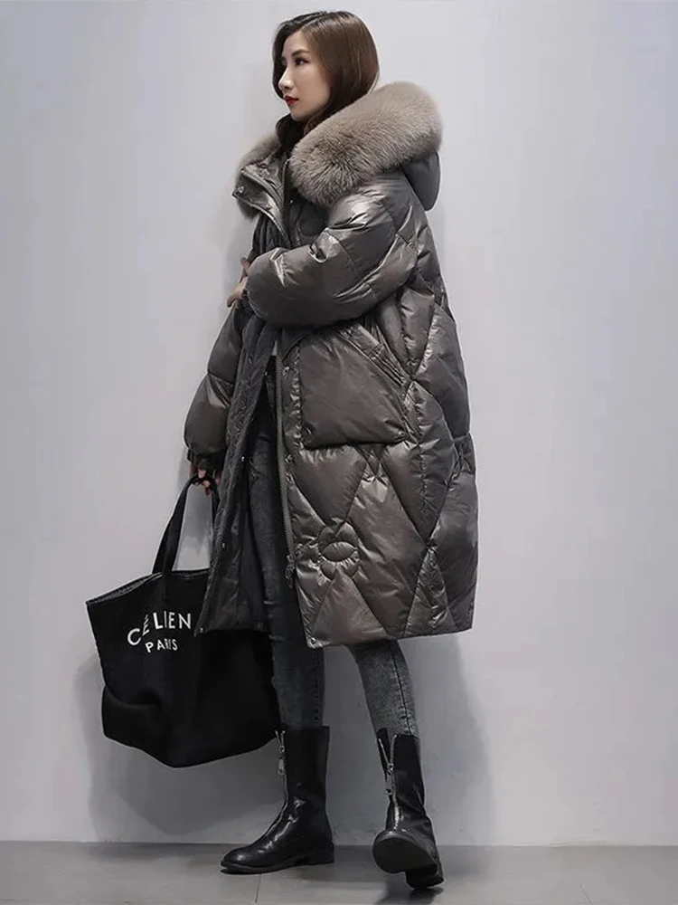 Women Winter Long Big Fur Collar Down Jackets for Women Large Size 2XL Down Jackets 2025 Women new Loose Long Knee Padded Down Parke