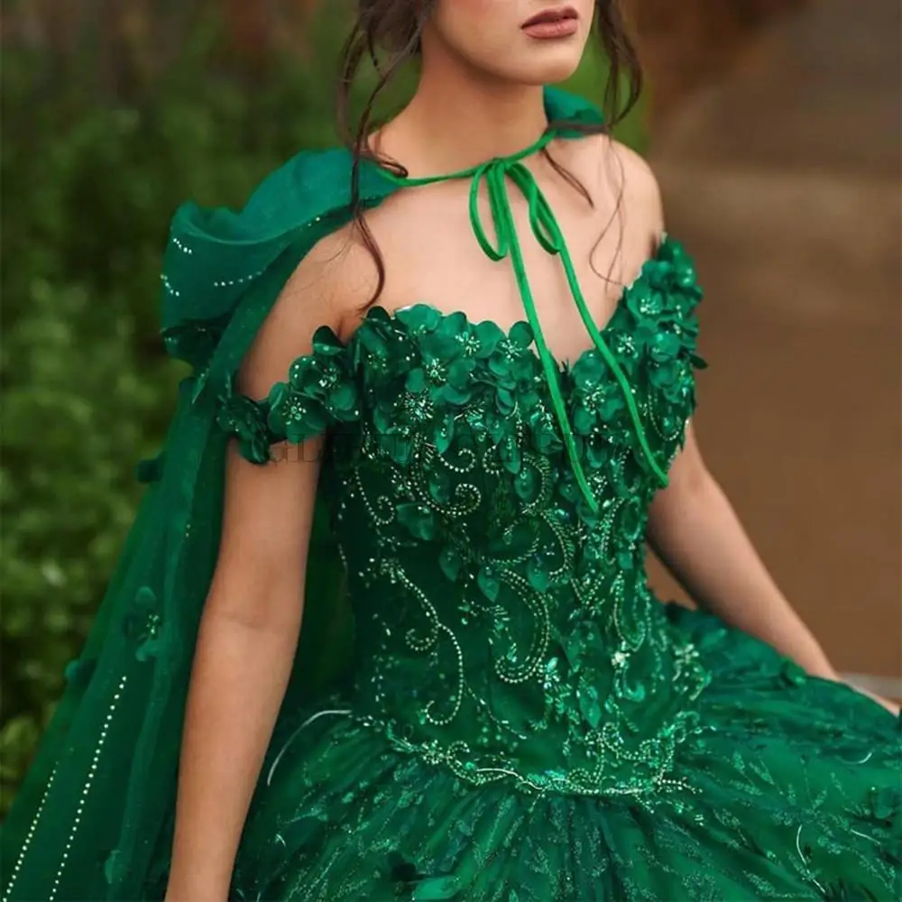 Emerald Green Quinceanera Dresses Ball Gown Floral Applique Crystal Sweet 16 Dresses With Cloak Birthday Party