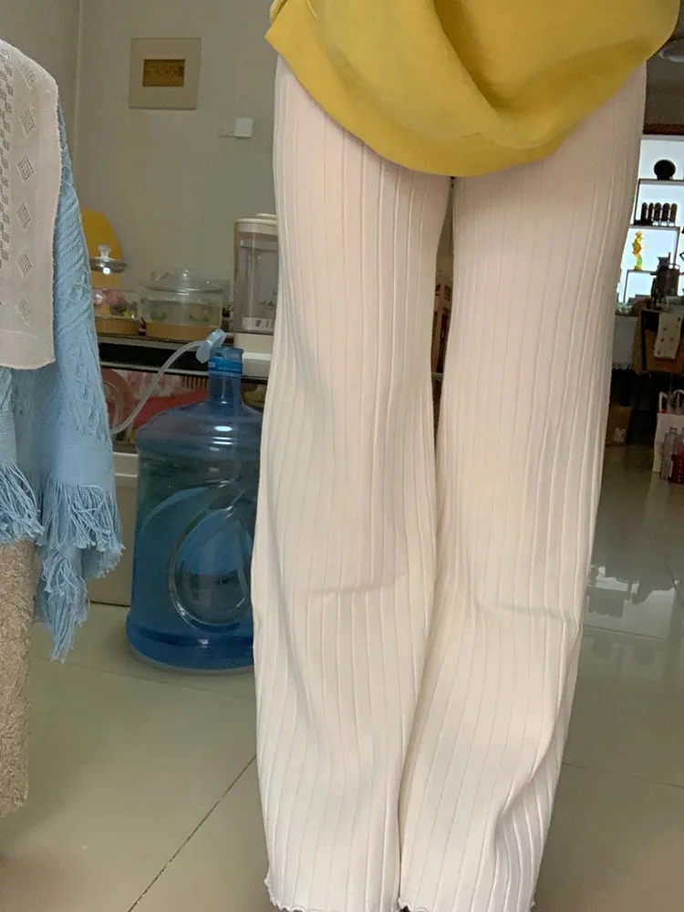 Casual Thick Knitted Women Pants Elastic High Waist Loose Female Wide Leg Pant Long Trousers 2023 Autumn Winter Striped Pantalon