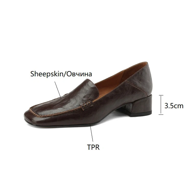 Spring/Autumn NEW Loafers Square Toe Chunky Heel Elegant Genuine Leather Shoes for Retro Sheepskin Women Pumps 932d