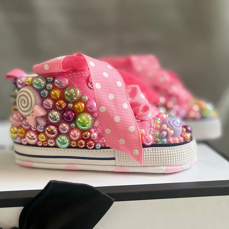 Random Lollipop Candy First new Walking Canvas 2025 Baby Infant Shoes Soft Sole Sneakers For Girl Birthday Party Handmade Bling Shoes
