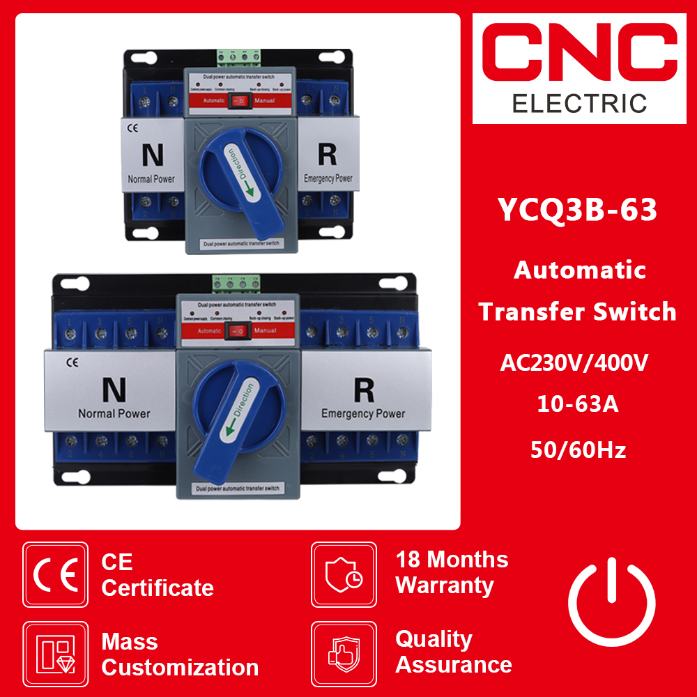 CNC YCQ3B-63 2P/4P 63A 50/60Hz ATS Dual Power Automatic Transfer Switch AC230V/400V Electrical Selector Switches