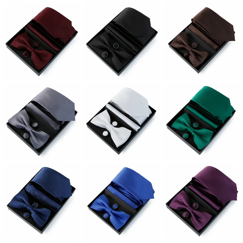 Tie Set For Men Necktie 7.5cm new Solid Color Necktie For Men Suit Bowtie Pocket Square Cufflinks Bow 2025 Tie Wedding Gift Cravat