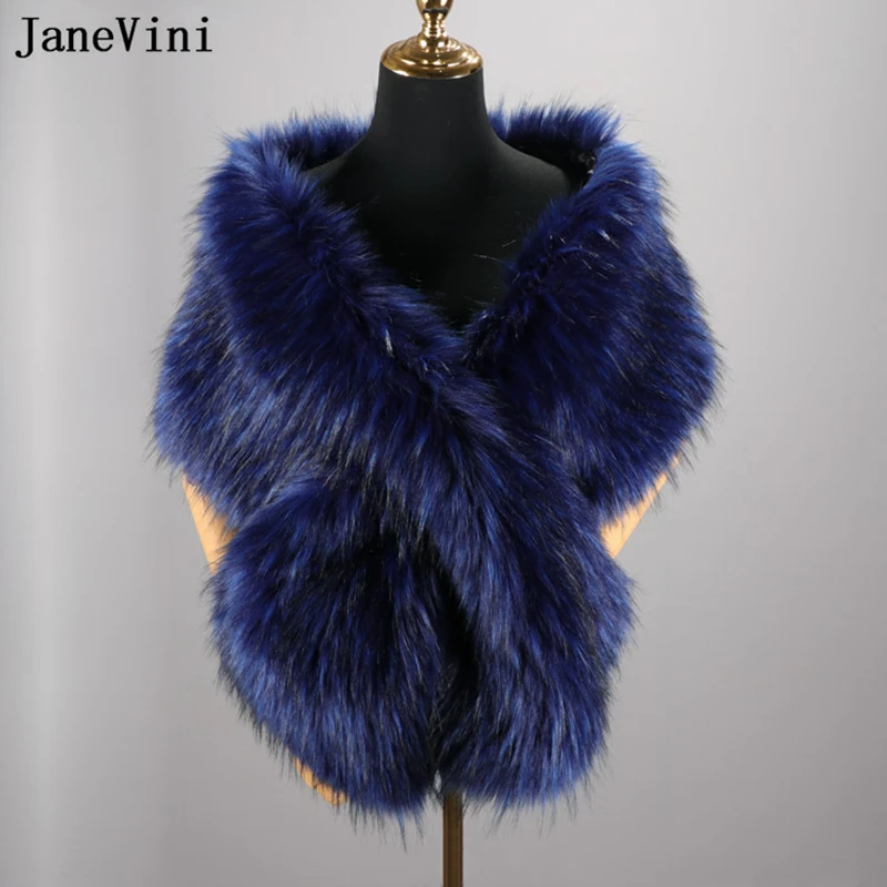 JaneVini Dark Blue Bolero with Fur Faux Fur Bridal new Shawls for Wedding Dress Fashion Women Party Shawl Wrap Wedding 2025 Jacket Stoles