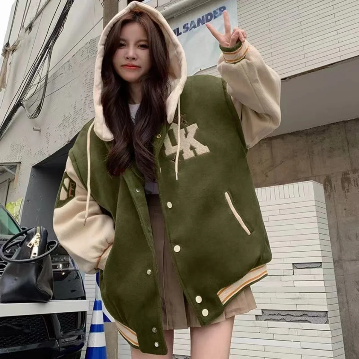 Embroidered Hooded Baseball 2025 Uniform Women's Winter 2023 new New Student Couple American Retro Plus Veet Casual Hooded Jacket Top