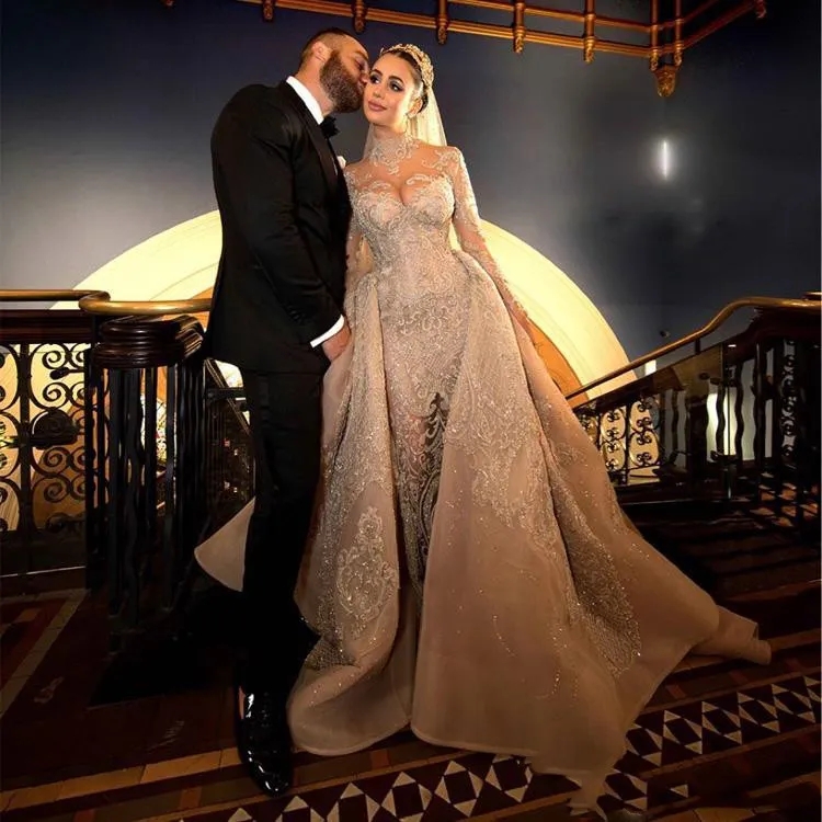 2024 Arabic Champagne Mermaid Wedding Dress With Detachable Train High Neck 3D Lace Appliques Long Sleeves Bride Gowns Vestidos De Noivas