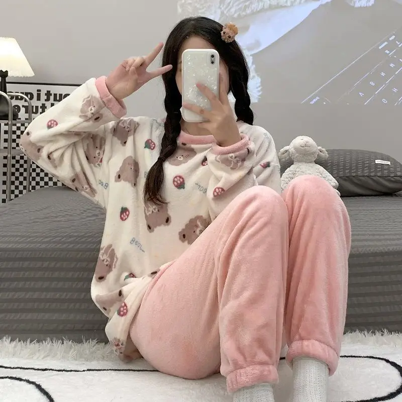 SUO&CHGAO 2023 Autumn 2025 Winter New Cute Coral Fleece Pamas for new Womens Plus Veet Pyjamas Sets Nightgown Sleepwear Homewear