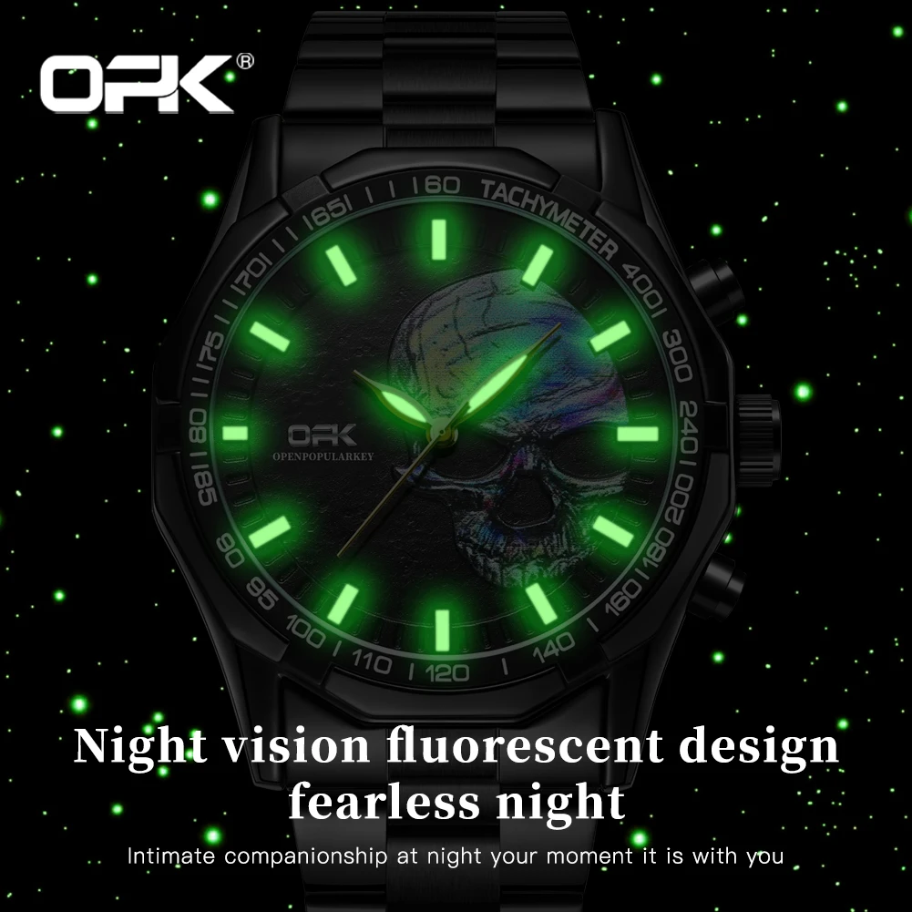 OPK Trendy Cool Original Men's Quartz Watch Classic Skull Embossed Night Glow Waterproof Men's Personalized Watch Luxury Watch