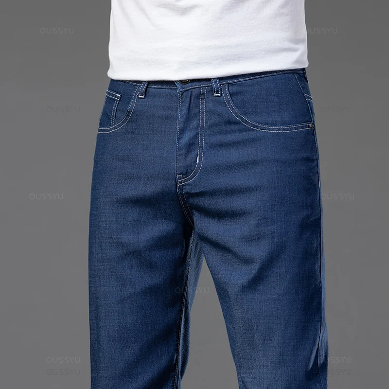 2024 New Summer Lyocell Baggy Men's Jeans Elastic Waist Thin Straight 2025 new Denim Pants Dark Blue Classic Trousers Plus Size 40 42