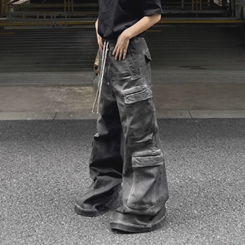 FEWQ Wash Wide Leg Men Jeans Trendy American Style Multi Pocket Floor 2023 Cargo Pants New High Street Vintage Trousers 24X1612