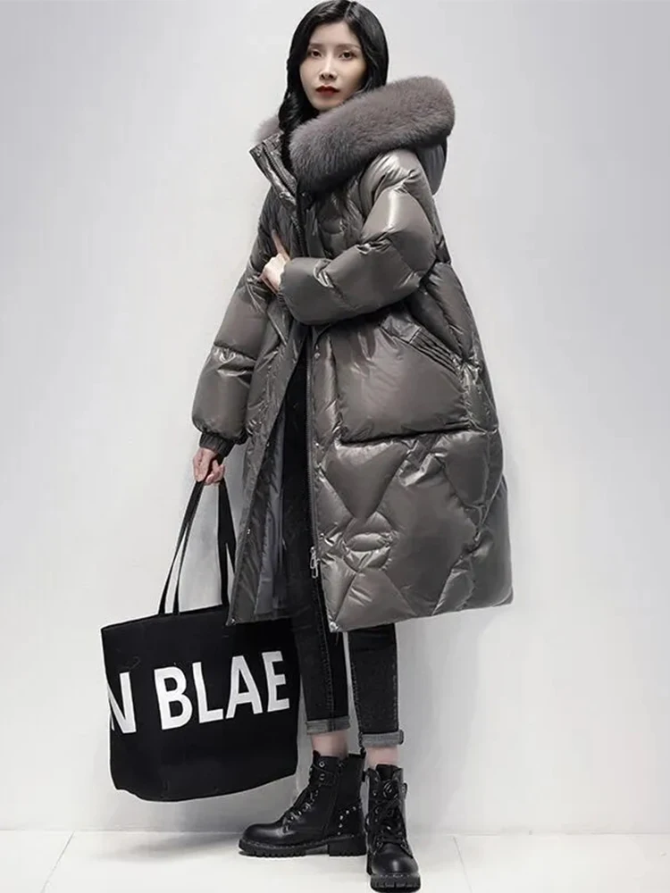 Women Winter Long Big Fur Collar Down Jackets for Women Large Size 2XL Down Jackets 2025 Women new Loose Long Knee Padded Down Parke