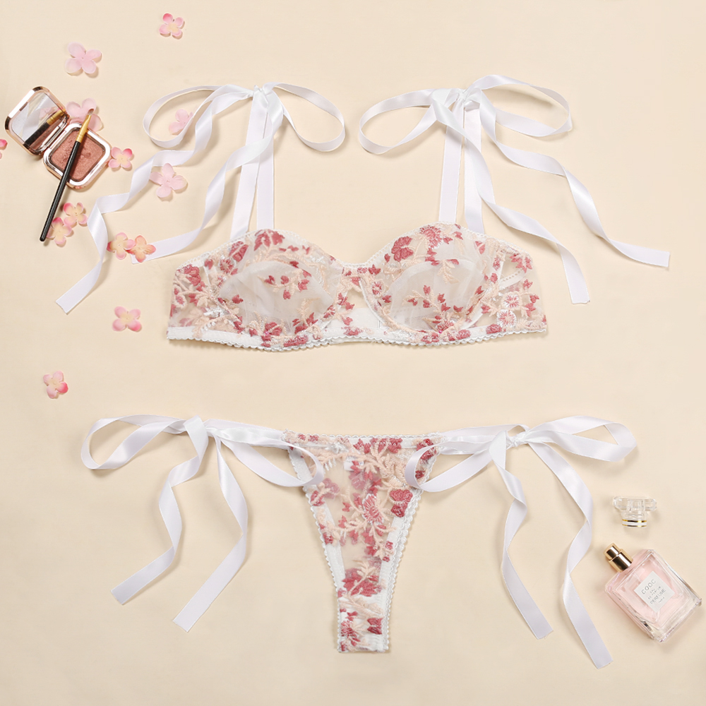 ADULOTY Floral Lace Tie Shoulder Skort Lingerie Set Sexy embroidered Mesh bra set string bralette set Transparent Underwear set