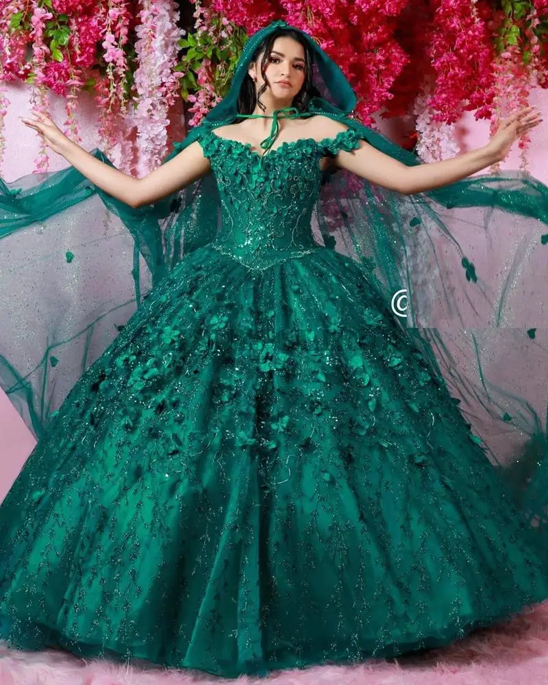 Emerald Green Quinceanera Dresses Ball Gown Floral Applique Crystal Sweet 16 Dresses With Cloak Birthday Party