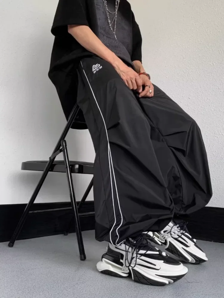 HOUZHOU Men's Sports Pants Men Baggy Parachute Pants Y2K Oversize Joggers Streetwear Tracksuit Black Wide Leg Trousers Male