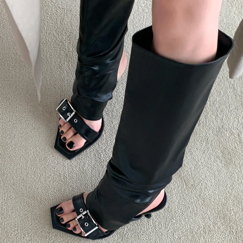Punk Gothic High Heels Sandals Boots Women 2023 Autumn Metal Buckle Black Long Boots Woman Pu Leather Knee High Botas Shoes