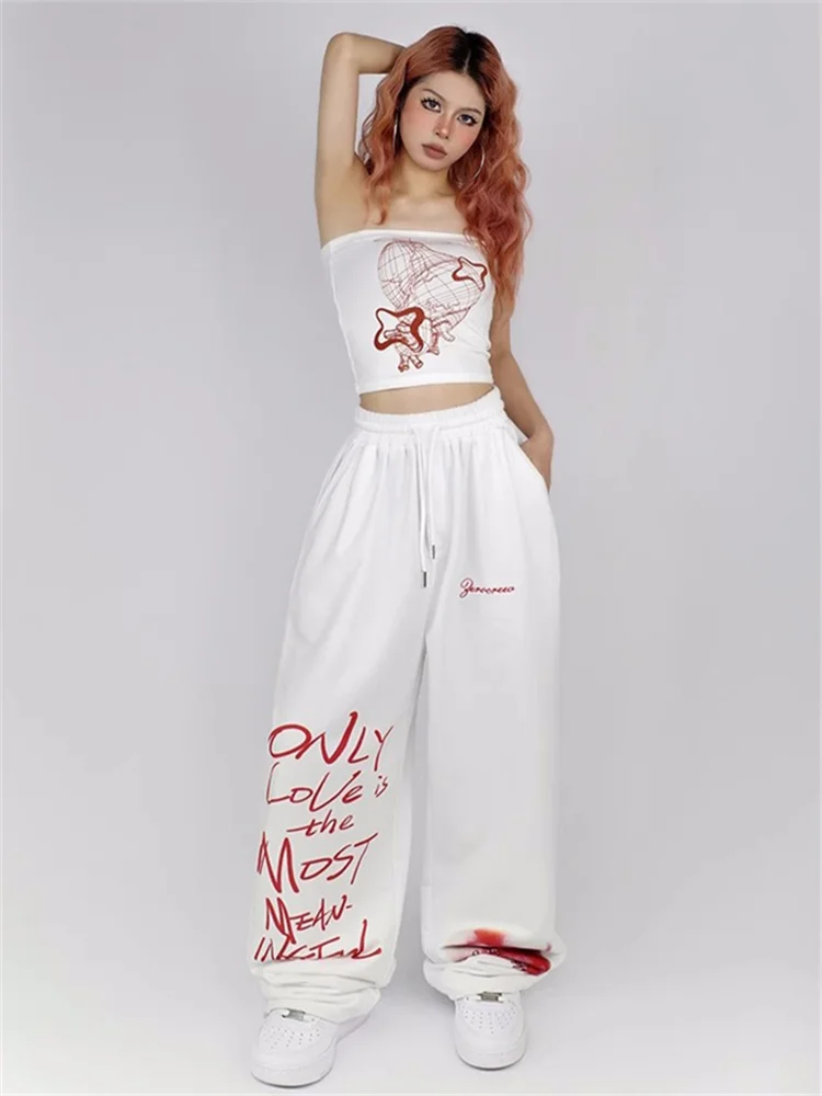 QWEEK Y2K Streetwear White Sweatpants Women Korean Style Letter Print Black Track Pants Oversized Harajuku Kpop Hip Hop Joggers