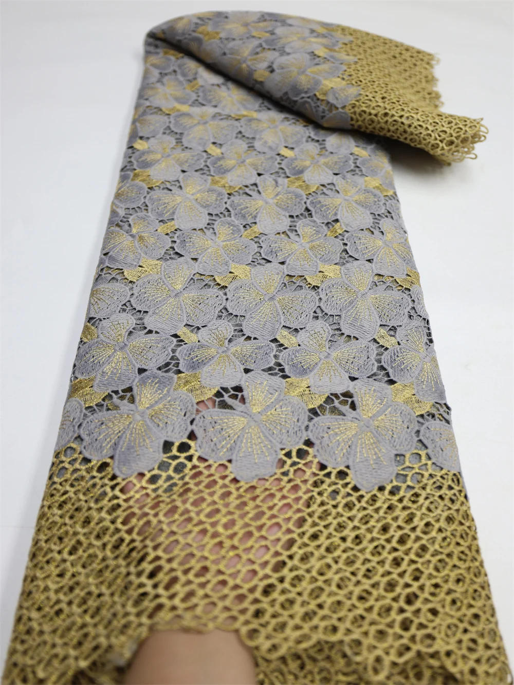 High Quality African Guipure Cord new Lace Fabric with Sequins 2023 French Nigeria Lace Fabric 2025 for Wedding Material QF1406-1