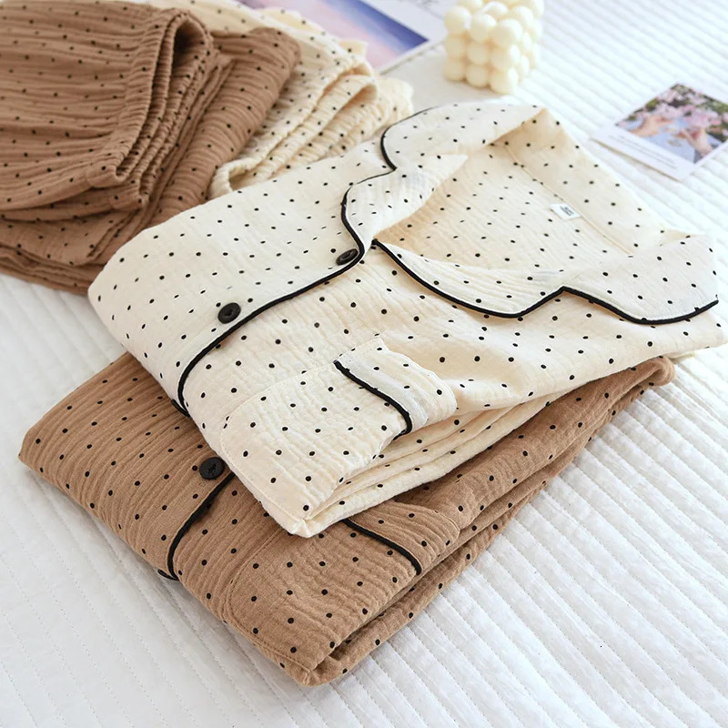 100% Cotton Gauze Winter Women Pajamas Polka Dot Print Sleepwear Autumn Female 2 Piece Set Nightwear Lady Pyjamas Loungewear 240326