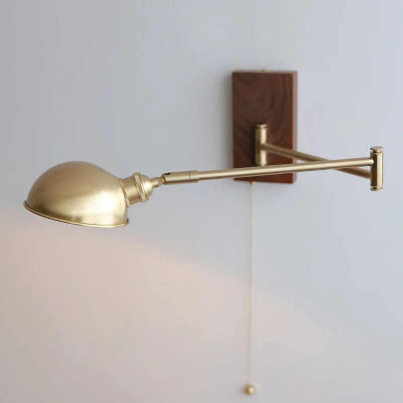 IWHD Walnut Ash Wood Canopy LED Wall Light Fixtures Pull Chain Switch Copper Arm Left Right Rotate Bedroom Beside Lamp Sconce