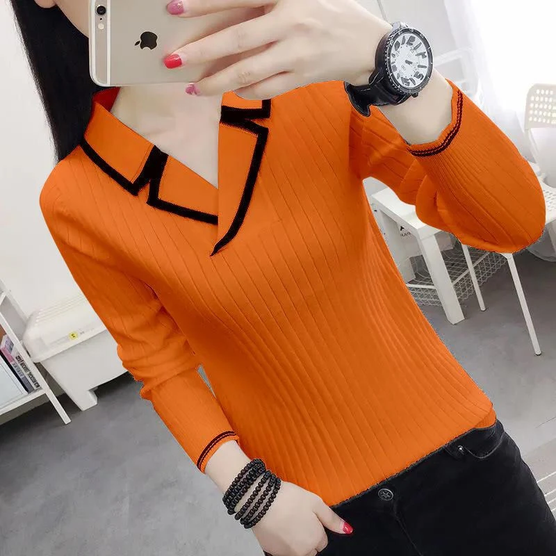 Women's Korean 2025 Elegant V-neck Slim Contrast Color Knitted Sweaters Autumn Winter Long Sleeve Pullovers new Basic Ladies Tops Jumpers