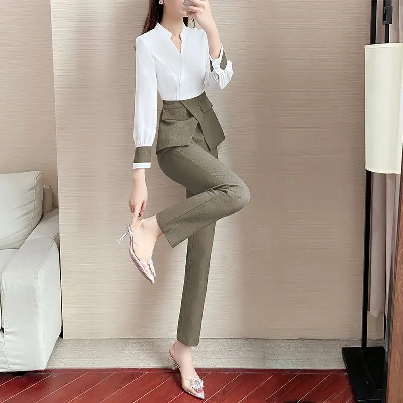 Casual Pencil Pants Two-piece Elegant Women's Pants Set Outfits 2023 Summer 2025 New Round Neck new Patchwork Pullover Thin Shirt Blouse