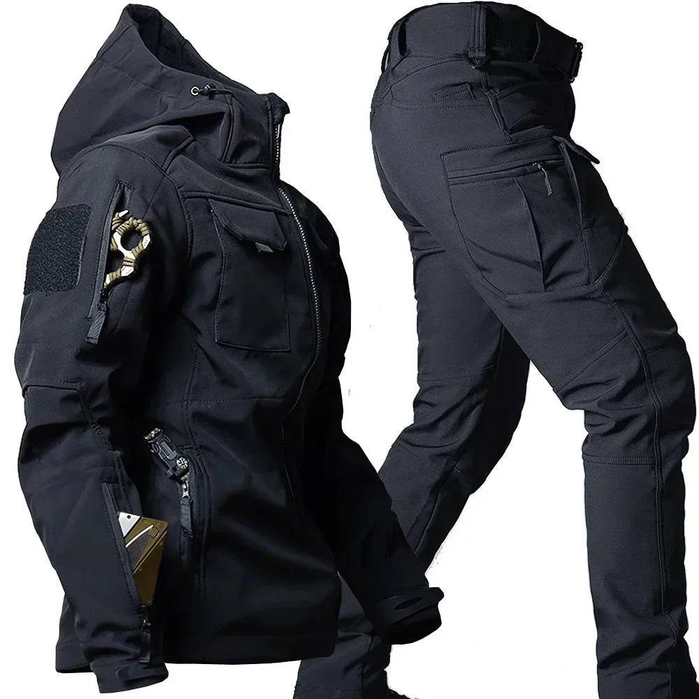 Soft Shell Suit Men Waterproof Tactical 2 Pcs Set Shark Skin Windproof Hooded Jacket Multi-pockets Cargo Pants Uniforms