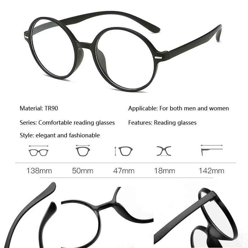2025 TR Black Red Purple new Blue Round Frame Reading Glasses For Women Presbyopia Spectacles +100 TO +400 RetroEyeglasses
