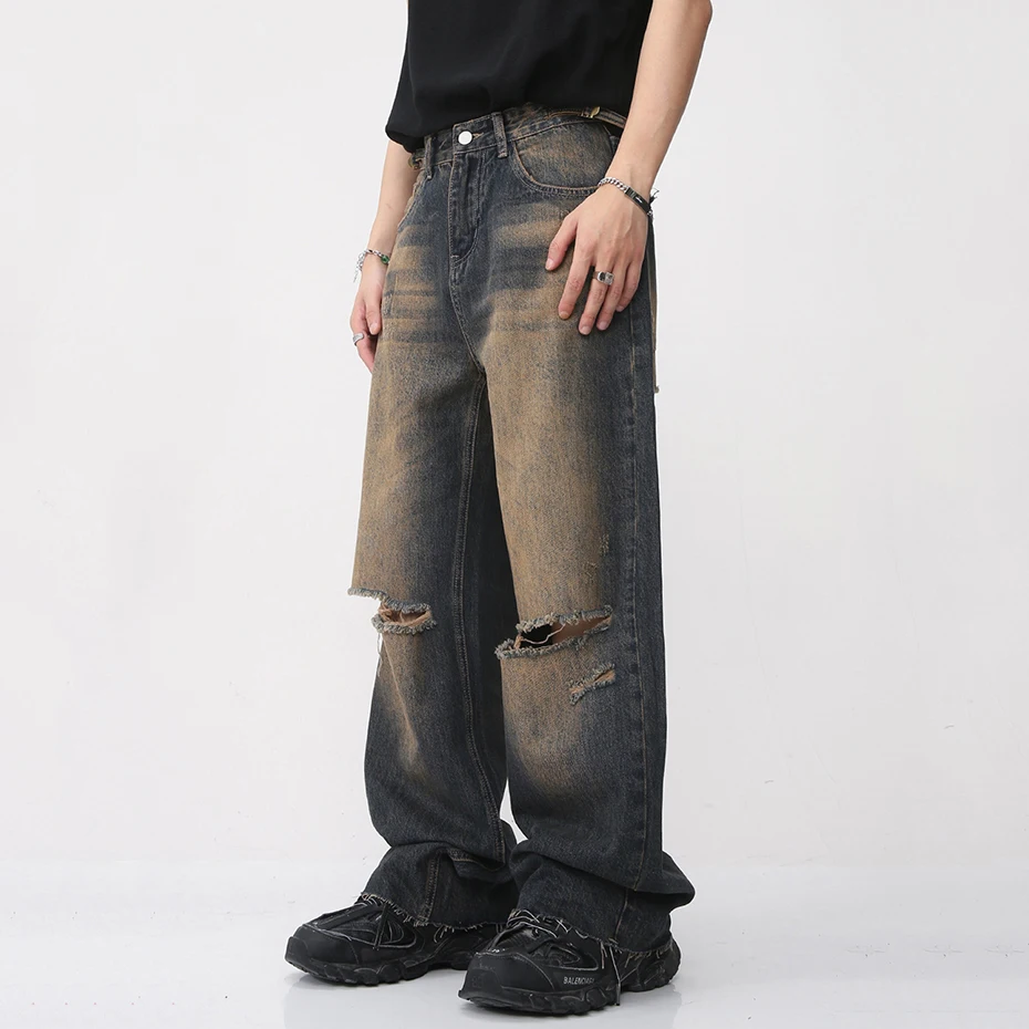 Ripped Vintage Jeans for Men Hip Hop Streetwear Baggy Denim Pants Harajuku Loose Blue Jeans