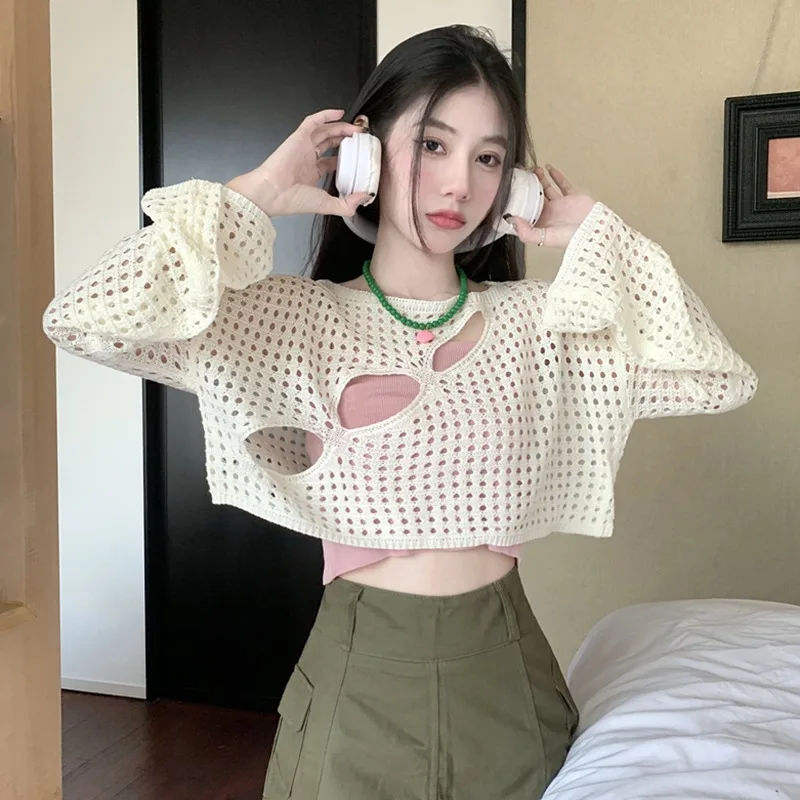 Mesh Loose See-through Tops Knitted round Neck Women's Blouses